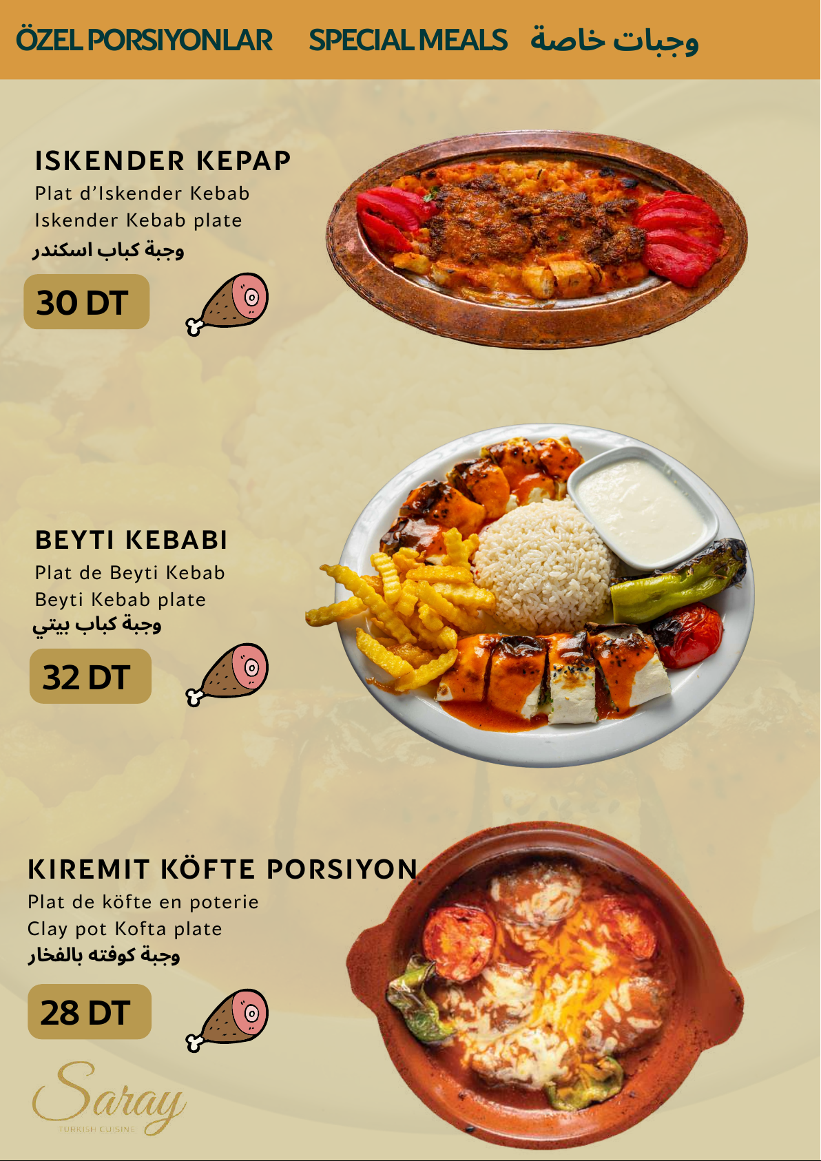 Menu Saray - Spécialités